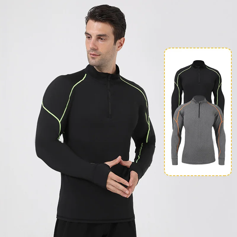 Half Zip Fitness Wear Quick Dry Mens Athletic Workout Clothing T Shirts Running Fitness Long Sleeve Shirt Gym Sport Tops