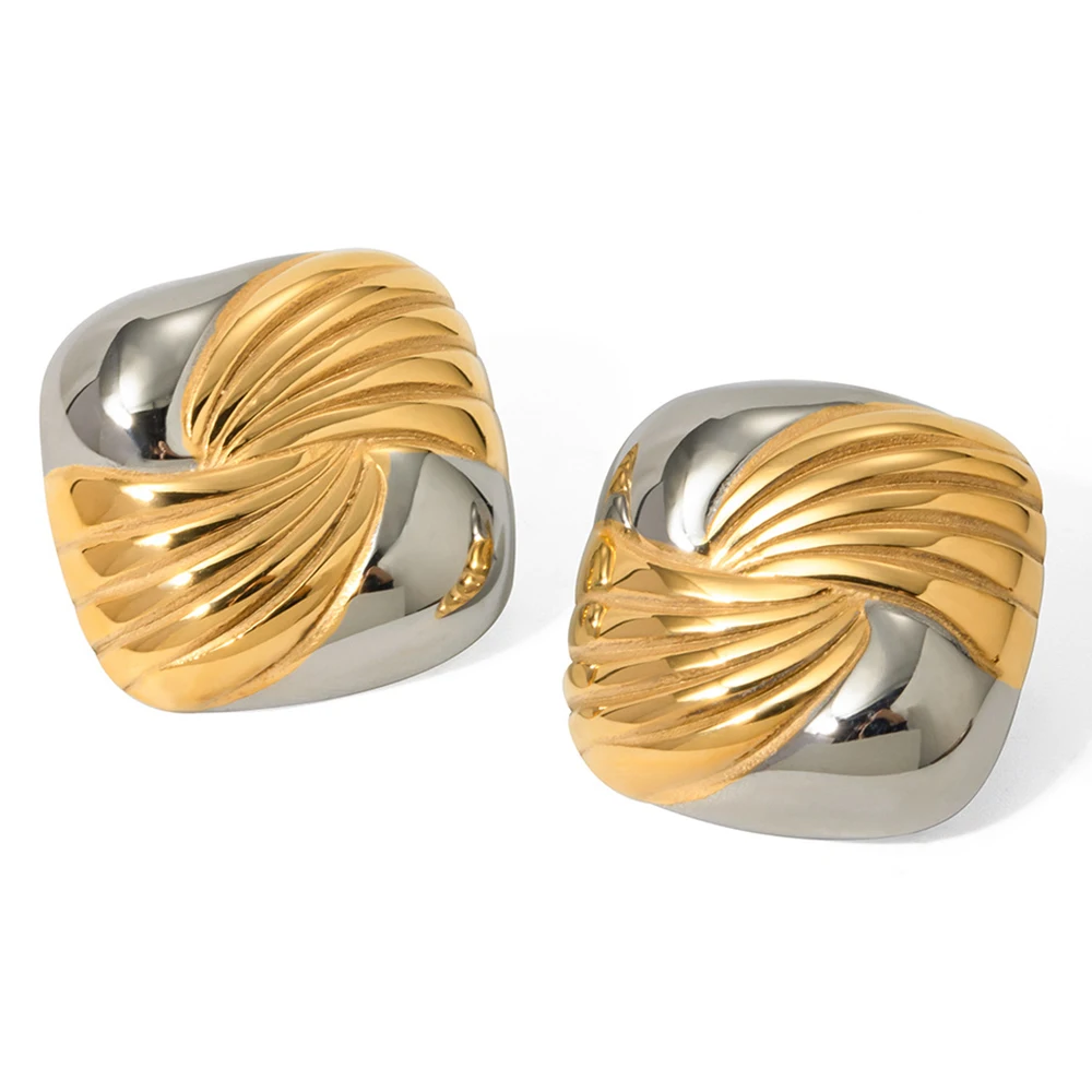 Stylish High Polish Two Tone Square Mixed Color Stud Earrings Stainless Steel Swirl Striped Texture Unusual Jewelry For Women