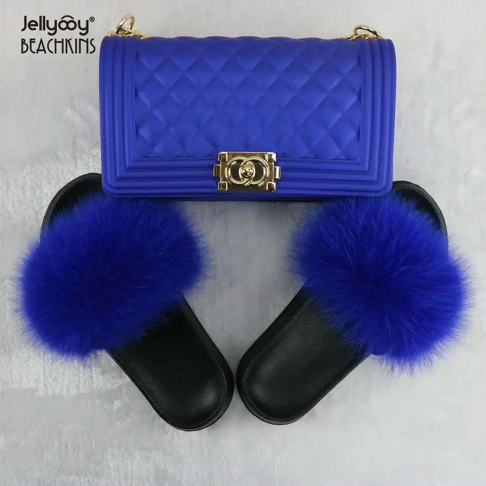 
Jellyooy BEACHKINS PVC Matte Jelly Bags With Fox Fur Slippers Sets Purse Bag Match Fur Slides Sandals Sets 