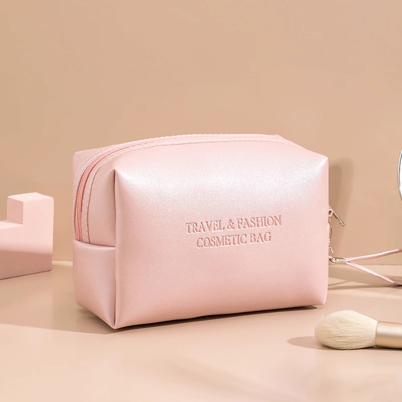2022 New custom logo small pink vegan leather travel makeup bag cosmetic bag make up pouch pink little beauty bag bridesmaid pu