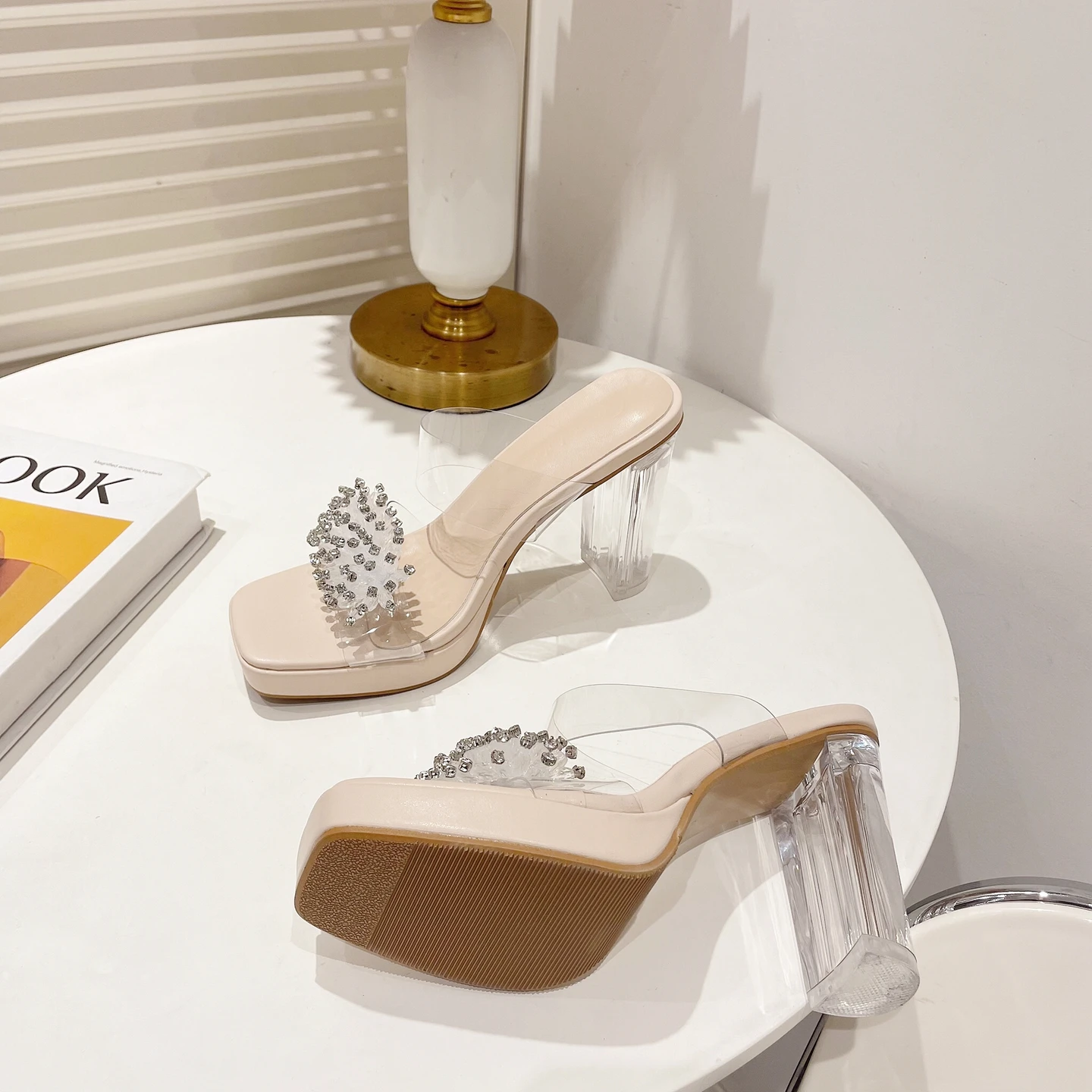 New Design Crystal Rhinestone Square Open Toe Platform Slippers Women Slides Shoes Outdoor Sandals Mules High Heels Summer