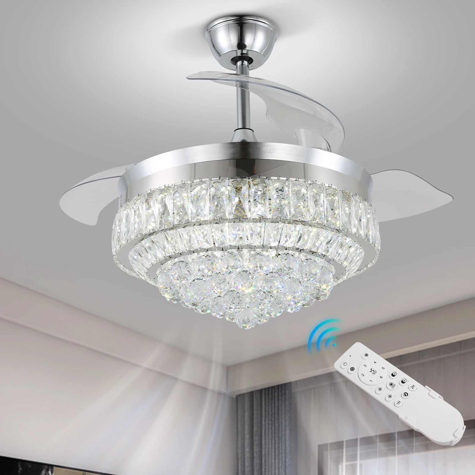 42-Inch LED Chandeliers Ceiling Fan with 3 Color 1 Light Remote Control Bladeless for Home Memory Function