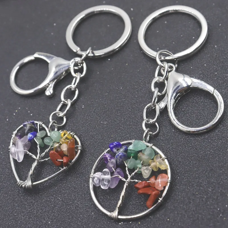 Natural Healing 7 Chakra Stone Gemstone Tree Of Life Keychain Key Ring Key Holder Charm For Women