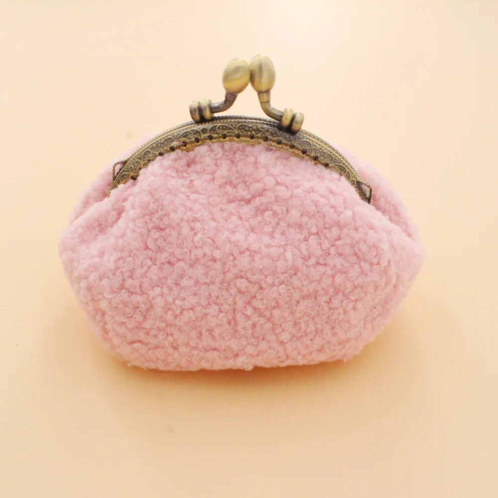 Custom Logo 4 inch Plush Coin Pouch Women Wallet Lock Cosmetic Bag Clasp Clutch Coin Purse Buckle Snap Closure Lipstick Bag