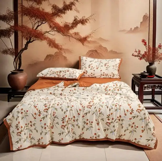 Cotton Quilt with Embroidered Pattern 2-Layer Yarn Organic 100% Polyester Machine Washable Soft Cool for Summer Weddings Bedding