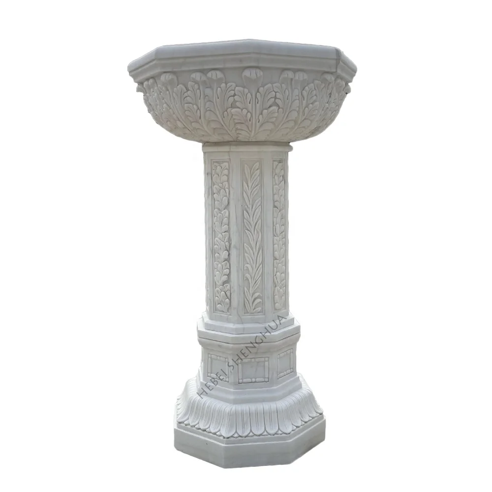 Custom Church Natural White Marble Hand Carving Holy Water Font For Sale