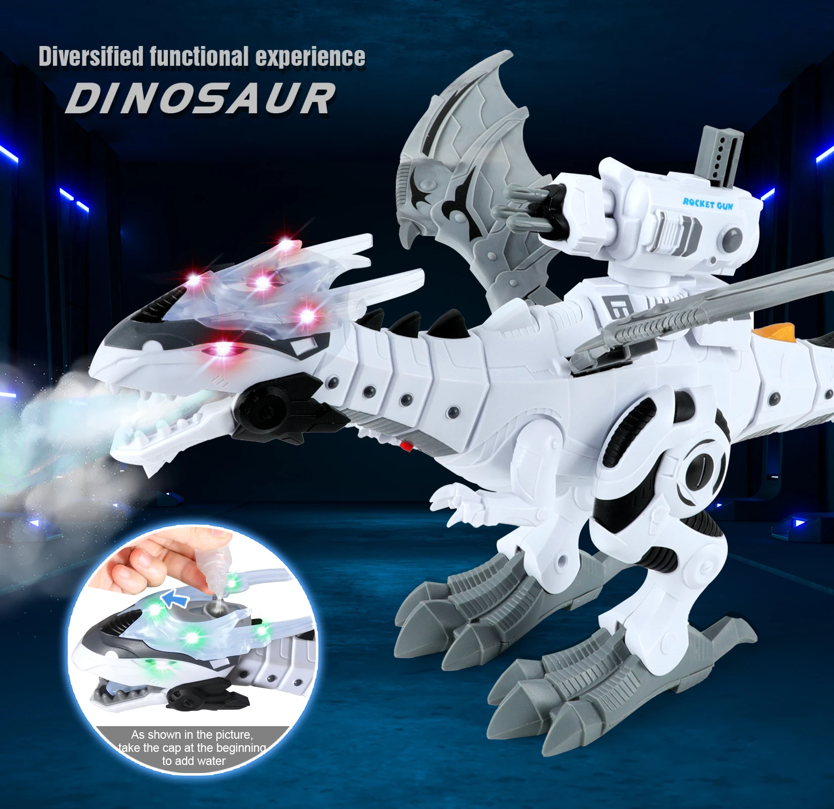 Electric Walking Dinosaur Robot Toy Water Spray Fire Breathing Alive Dinosaur with LED Eyes Realistic Sound Bullets Shooting