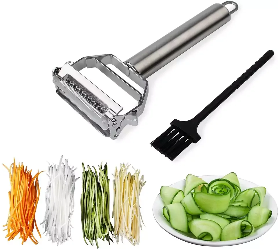 Hot Selling Multifunctional Fruit Vegetable Julienne Peeler Stainless Steel Hand Vegetable Peeler With Cleaning Brush