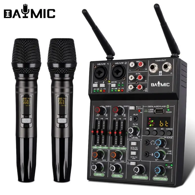 Professional 2 channels UHF Wireless microphone with Mixer mini 4 Channel Karaoke audio Mixer system for Live recording