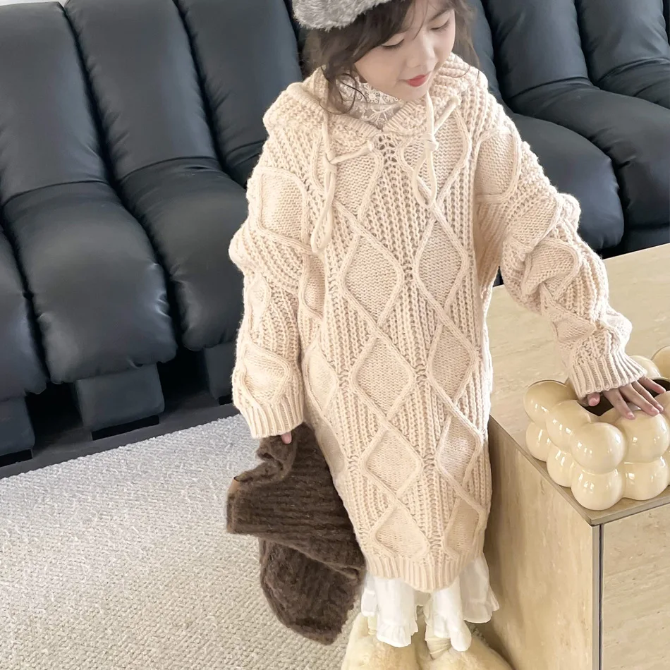 2023 Casual Winter Girls Knitted Hooded Sweater Dress for Kids