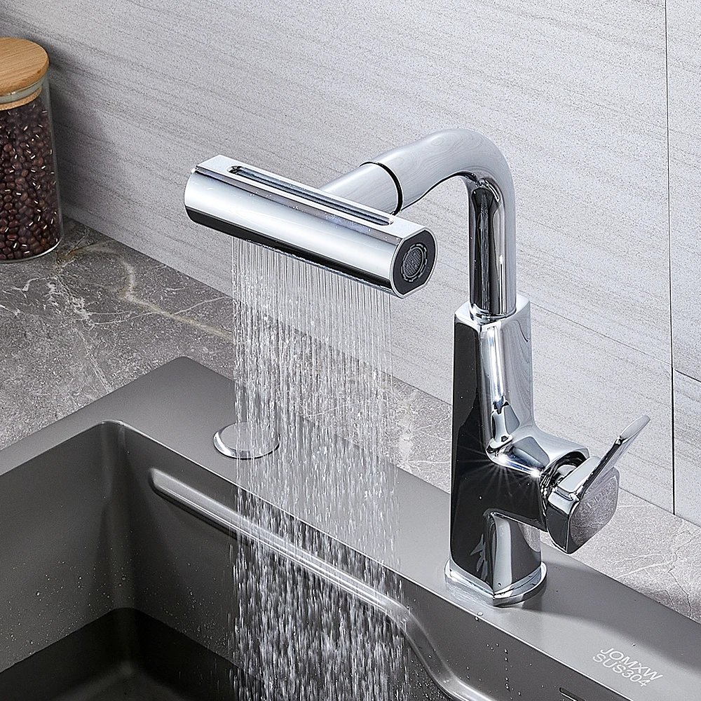 Chrome Kitchen Sink Mixer Brushed Nickle Water Tap Pull Out Rotation Waterfall Stream Sprayer Head  Flexible Kitchen Faucets