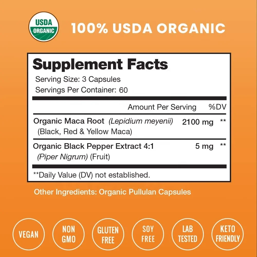 Organic Maca Root Capsules 2100mg with Black Red&Yellow Peruvian Maca Root Powder& Black Pepper Extract for Improved Energy Mood