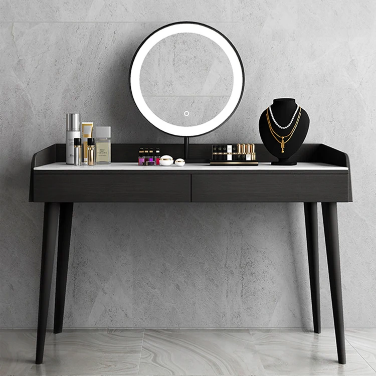 
Touch Switch Light Dressing Table Modern Makeup Bedroom Vanity Wooden Dresser with Round Mirror 
