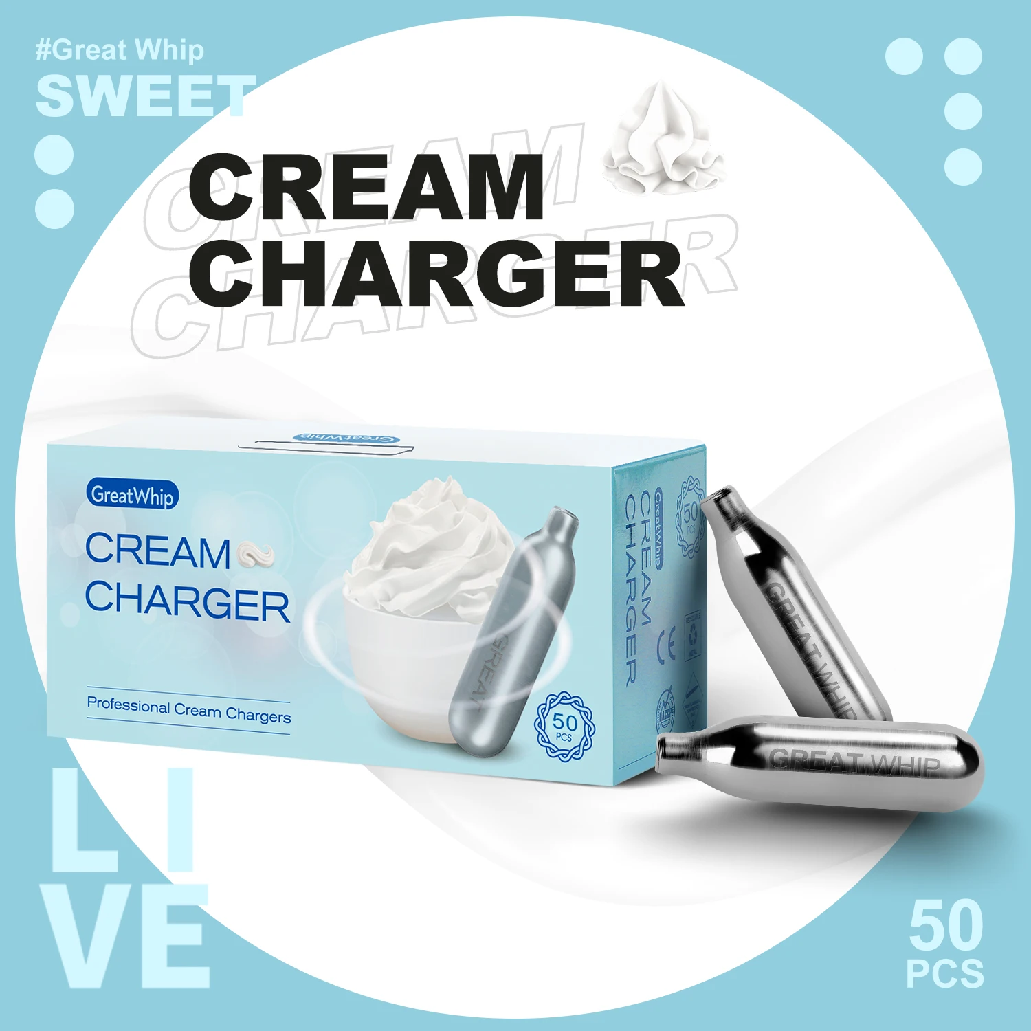 Greatwhip 50 Pcs/Pack Greatwhip 8G Dessert Tools Whipped Cream Charger