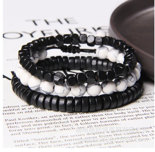 BLACK LAVA ROCK ONYX & COCONUT BRACELET SET