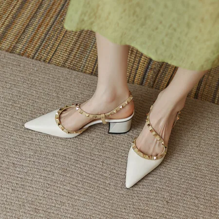 Hot-Selling New Trendy Straps Rivets Pointed Toe square root Leather sandals Sliders for Women and ladies new styles