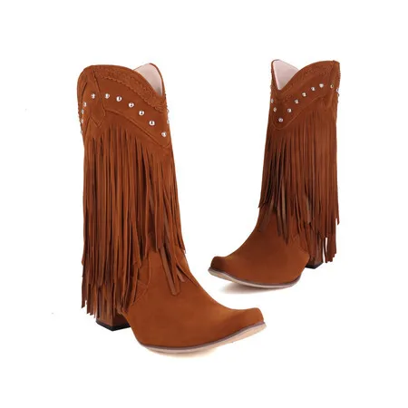 Xinzirain Custom Women Metal Studs Premium Suede Tassel Fringe Chunky Heel Knee High Cowboy Western Boots