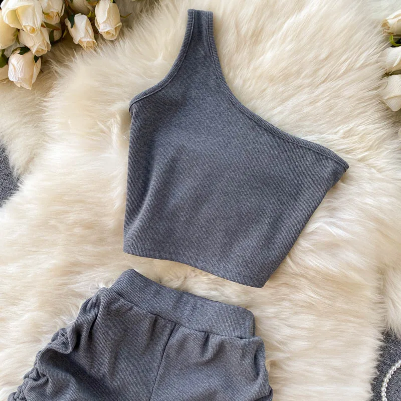 2021 Summer Children Clothes One Shoulder Diagonal Collar Short T Shirt Draw Rope Fold High Waist Wide Leg Short Girls Outfits