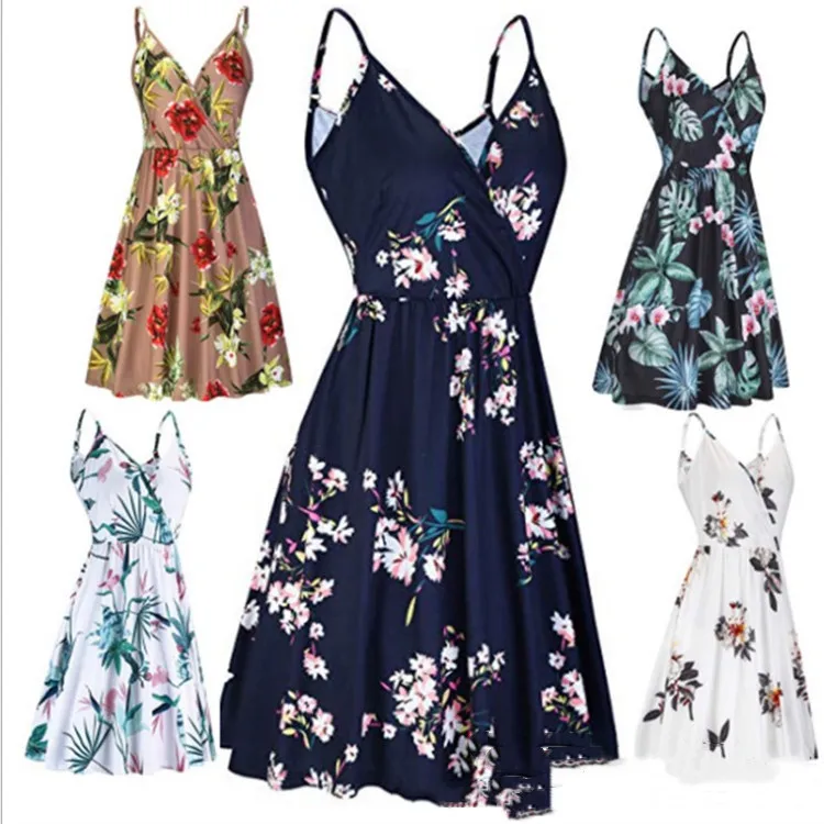 
High Quality Summer Spaghetti Strap Floral V Neck Swing Loose Casual Dress 