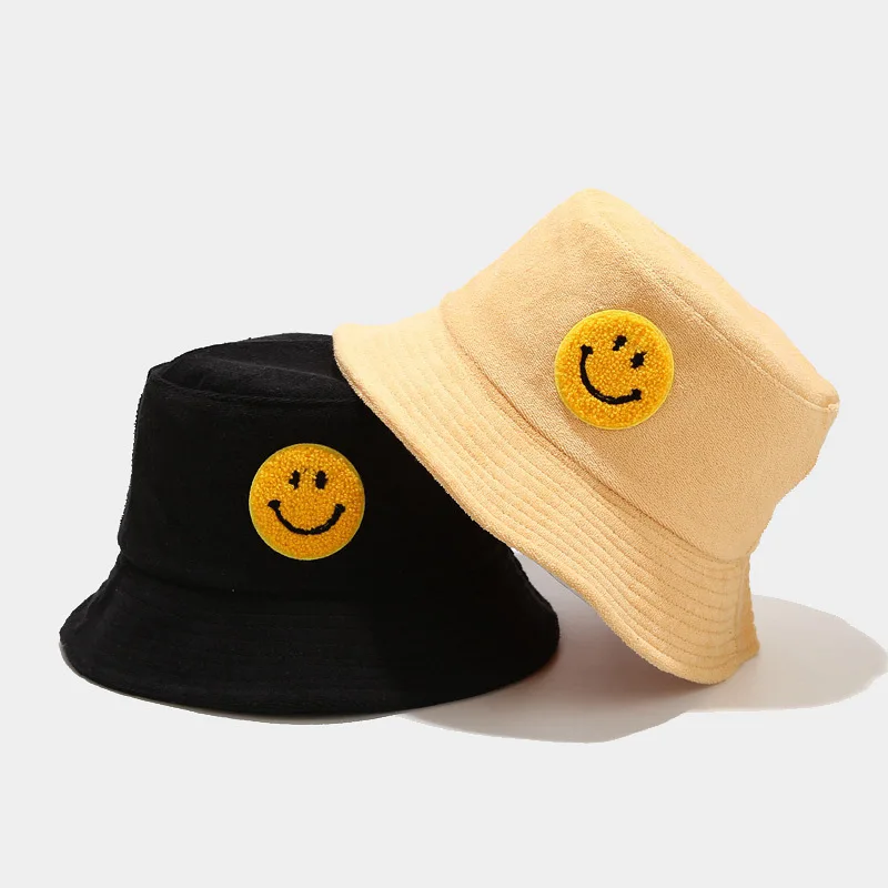 MOTE-ZA316 Winter Hat 2022 Bucket Hat Terry Towelling Smile Face Warm Cap Winter Hats With Patches