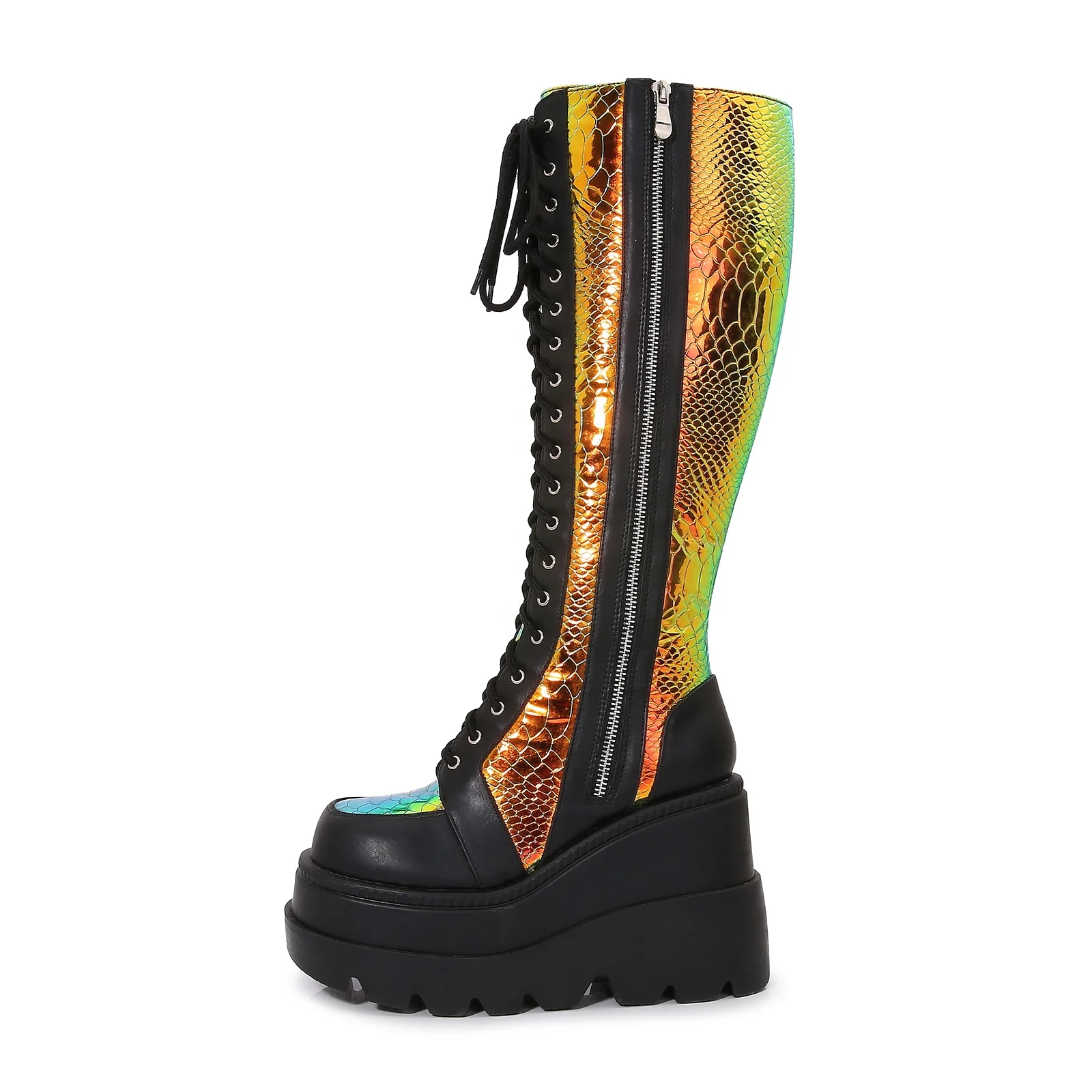 Chukka Boots Lacer Reflective Snake Material Thick Sole Women Tall Chukka Long Boots for Women With Heels