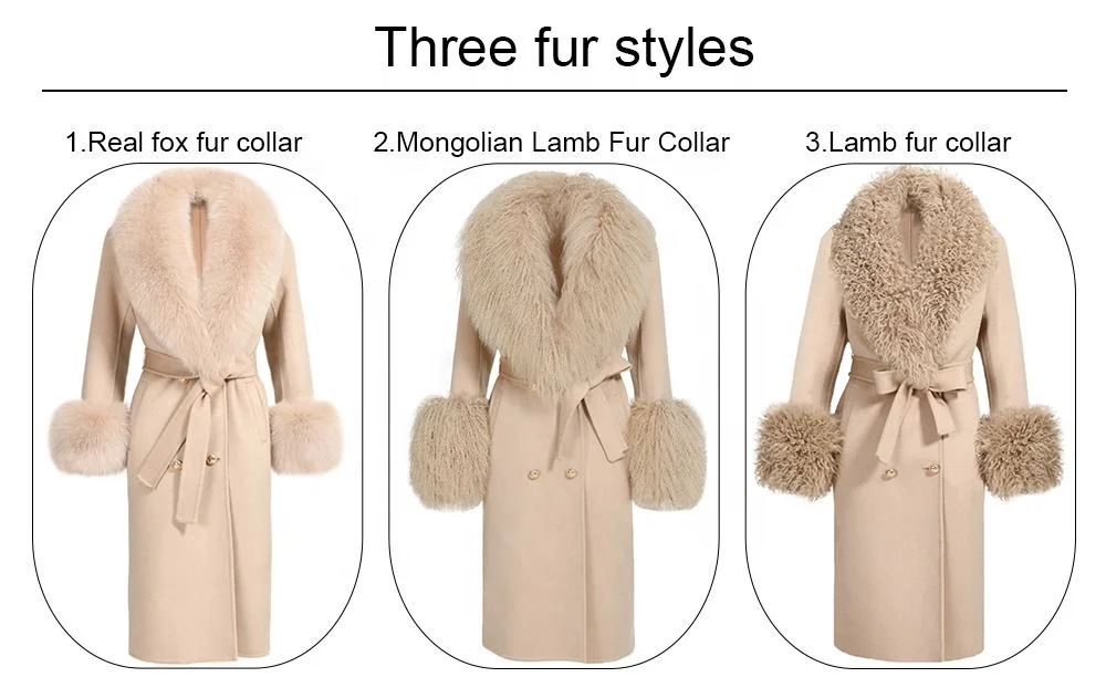 High Quality Elegant Fur Over Coat Womens Wool Cashmere Blend Standard Solid Long Fur Coats