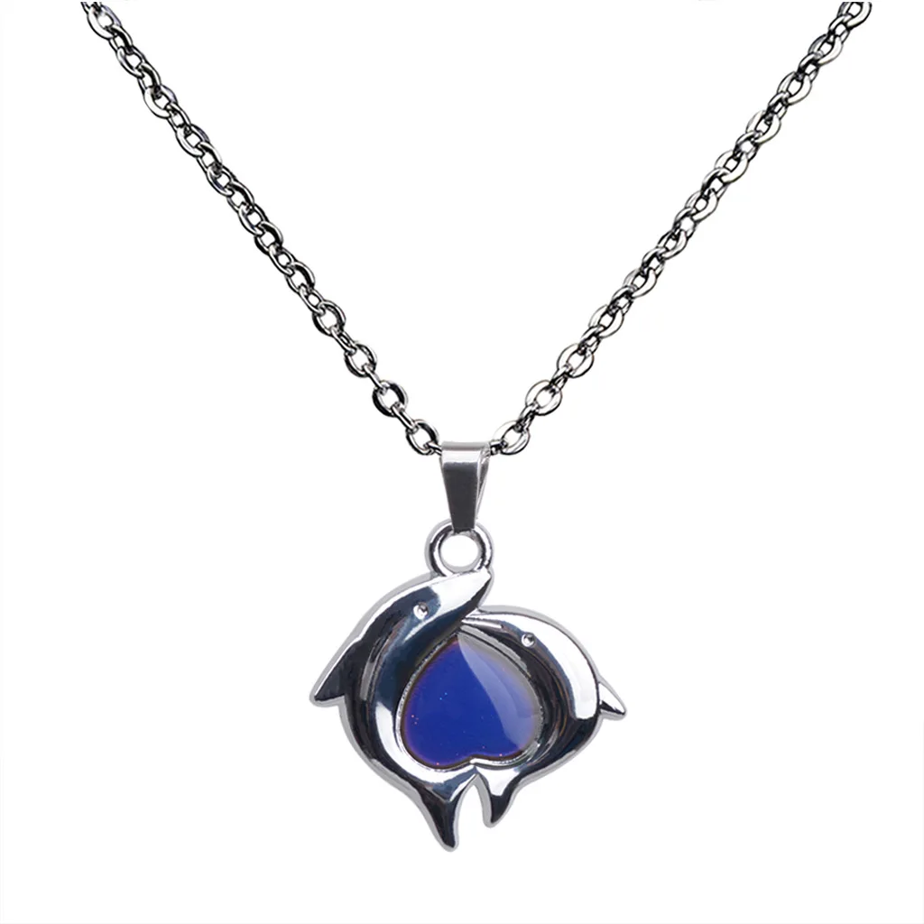 Wholesale fashion double dolphins love warm mood color change pendant necklace