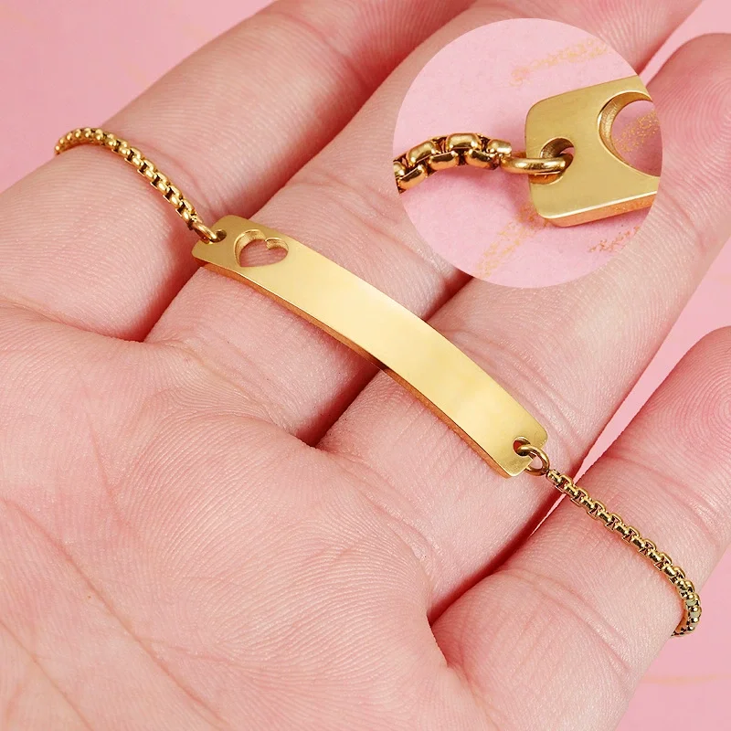 2023 fashionable rose gold black mirror polishing finished stainless steel butterfly logo engravable ID bar charm bracelet