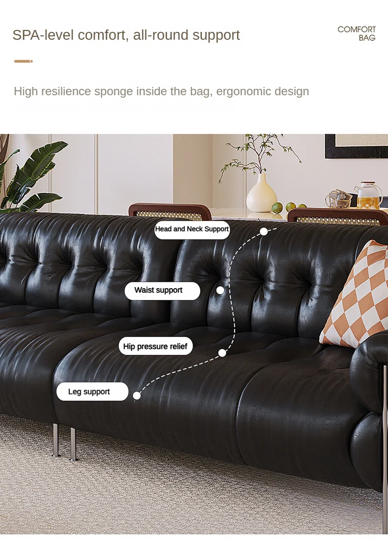 Minimalist Pure Black Leather Sofa Set Light Luxury Sofa Retro Straight Row Mid-ancient Style For Living Room Sectional sofa