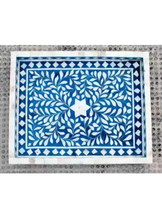 blue floral shell inlay serving trays / mother of pearls trays / sea shell inlay serving tray by bullish exports