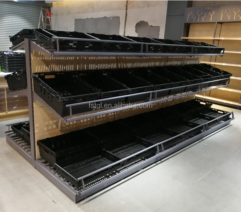 Shelves Supermarket Store Fruits and Vegetable Display Super Market Wooden Fruit Vegetable Display Rack Case Duty Wood Heavy