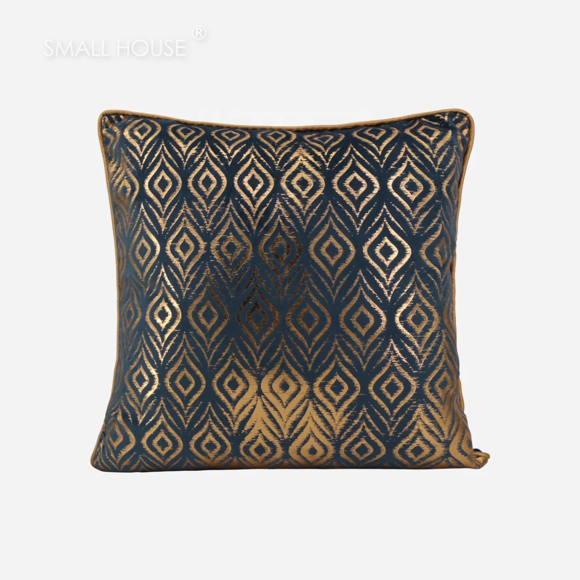 
Foil Print Decorative Throw Pillows Peacock Feather Cushion Covers with Piping 