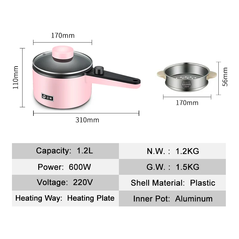 1.2L 5 in 1 Portable Household Mini Multi Automatic Electric Cooker Hot Pot Home Travel  Electric Skillet With Non-Stick Pan
