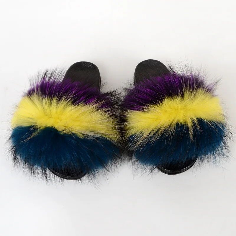 
custom color big real fluffy fur ball pom pom fox sandals racoon mommy and kids fur flats furry toddler baby kids fur slides 