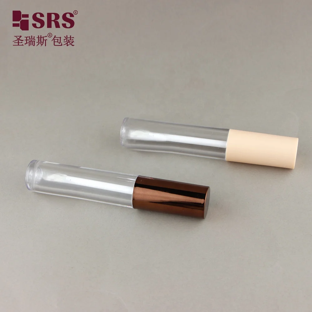 SLR007-7ML Clear Tube Empty Packaging for Lip Glaze Primer with Bronze Shiny Metallic Colored Lid with Brush Cosmetic Bottles