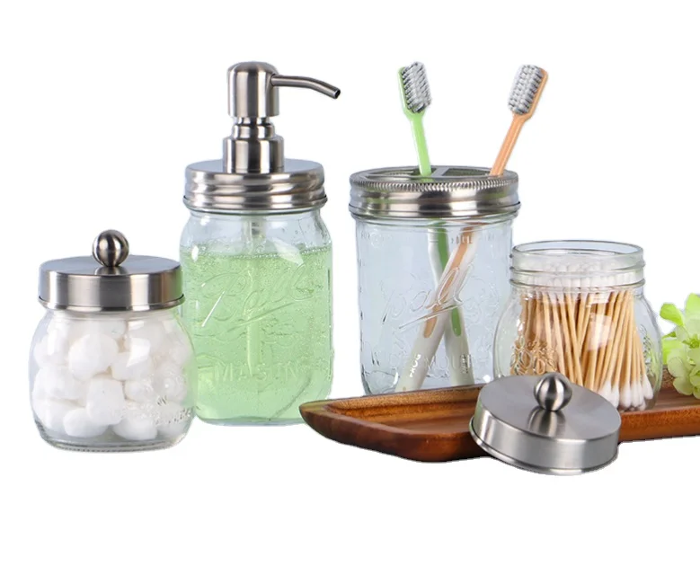 Hot sell Mason Jar Glass Toilet Bathroom Toothbrush Holder Soap Dispenser Set (1600261159193)