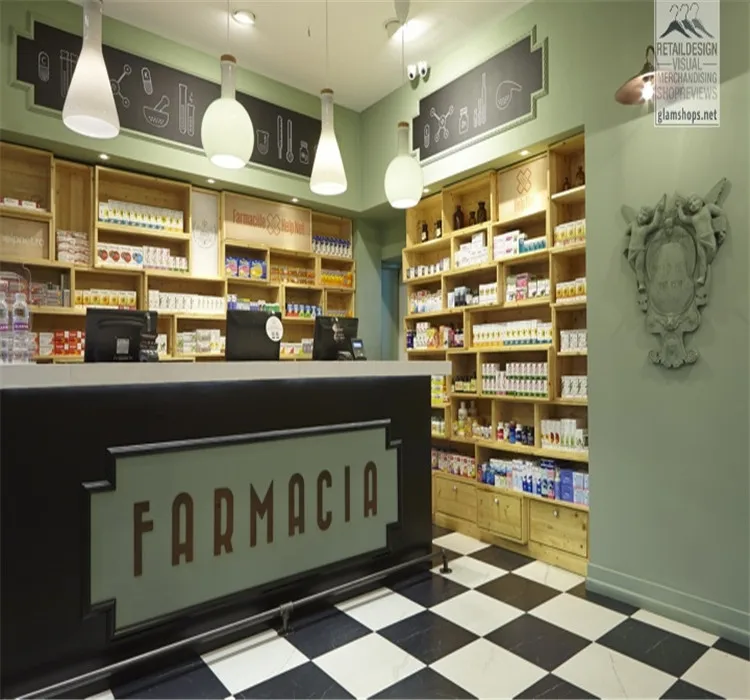 Custom Medical Store Counter Wood Pharmacy Shelves Brand Medical Shop Decoration Retail Pharmacy Interior Design