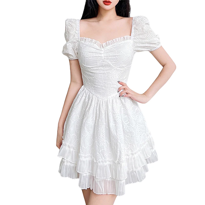 2022 Summer French Women Fashion Lace Short Sleeve Square Neck Ruffle White Mini Chiffon Dress