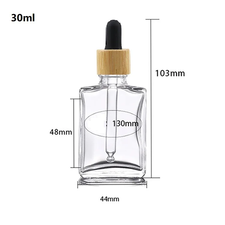 Popular empty clear flat square rectangle 1oz 30 ml Cosmetic  Glass Dropper oil Serum Bottle 30ml with Bamboo Cap