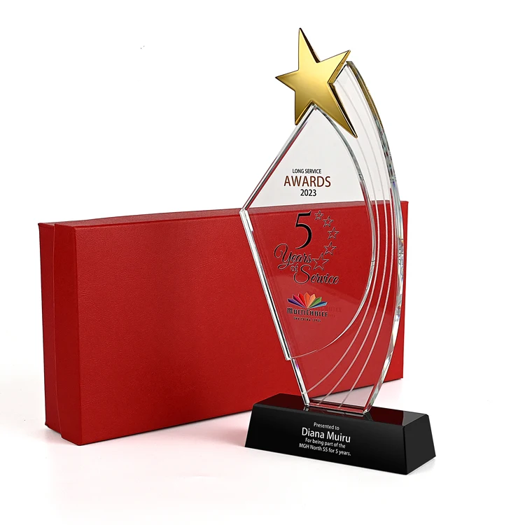 Сияющая Мода на заказ Новый хрустальный стеклянный трофей металлические пятиконечные звезды наградные качественные сувениры компании