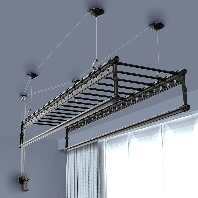 Balcony Outdoor Ceiling Hand Clothes Rack Clothes 3 Poles Aluminium Alloy Manual Lifting Clothes Drying Rack