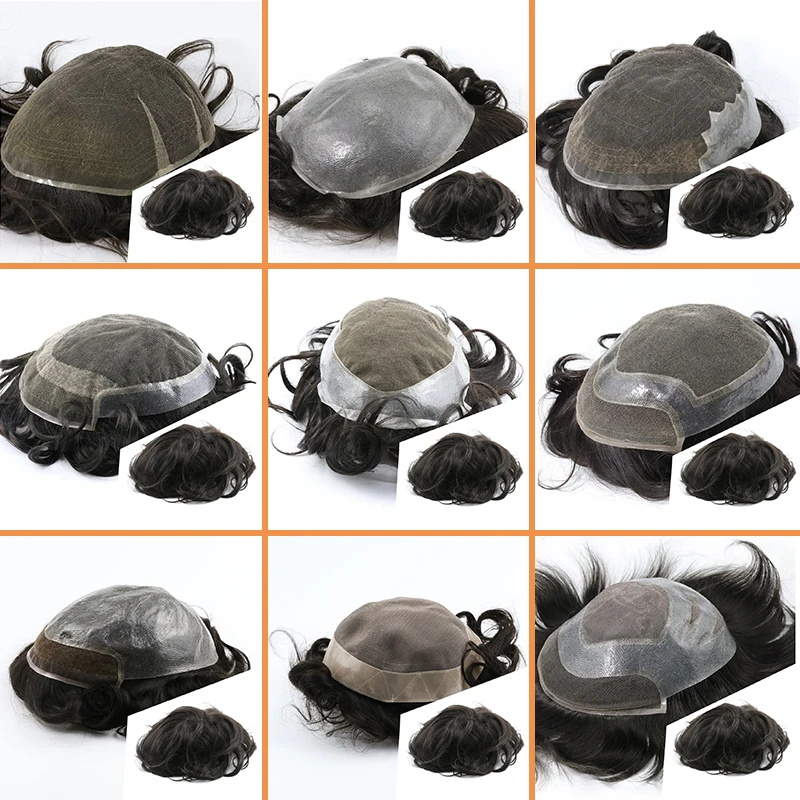 emeda Human hair toupee for men hairpiece bleached knots lace front pu around man hair patch hollywood