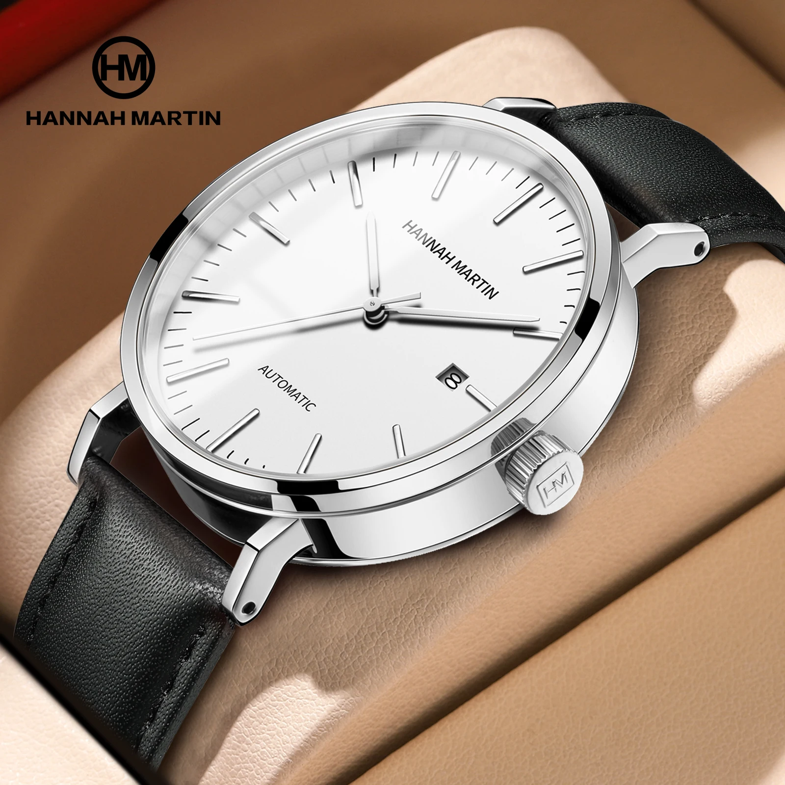 Hannah Martin Factory Wholesale Minimalist All Stainless Steel Wristwatches Luxury Automatic Mechanical Calendar Watch For Men