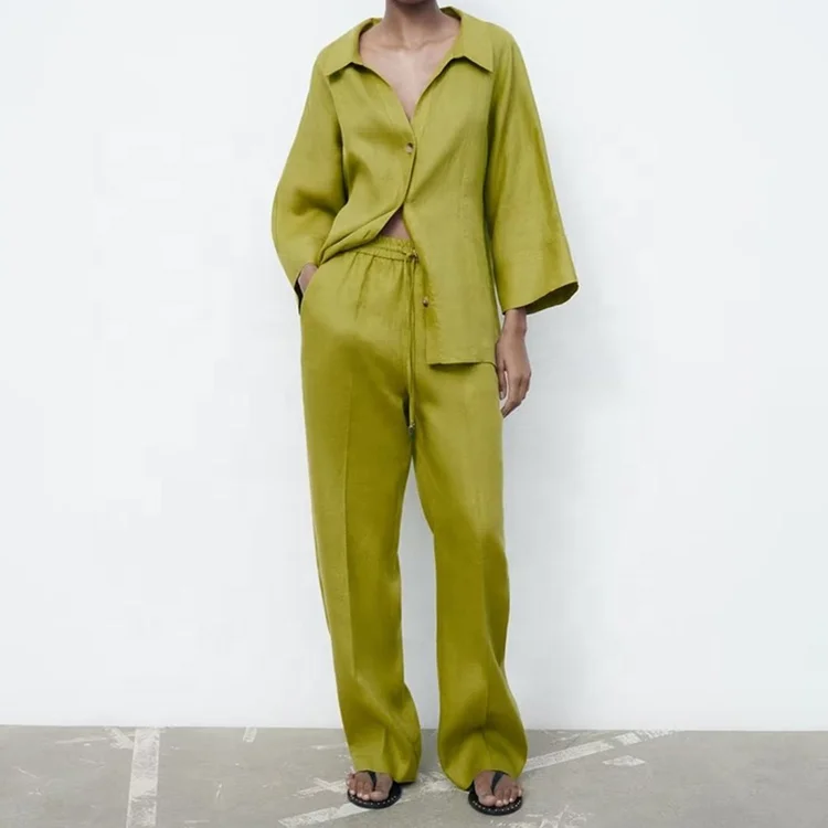 Eco Friendly Linen Blend 2 Piece Set Spring Summer Long Sleeved Shirt Loose Straight Pants Women Casual Suits Loungewear Pajamas