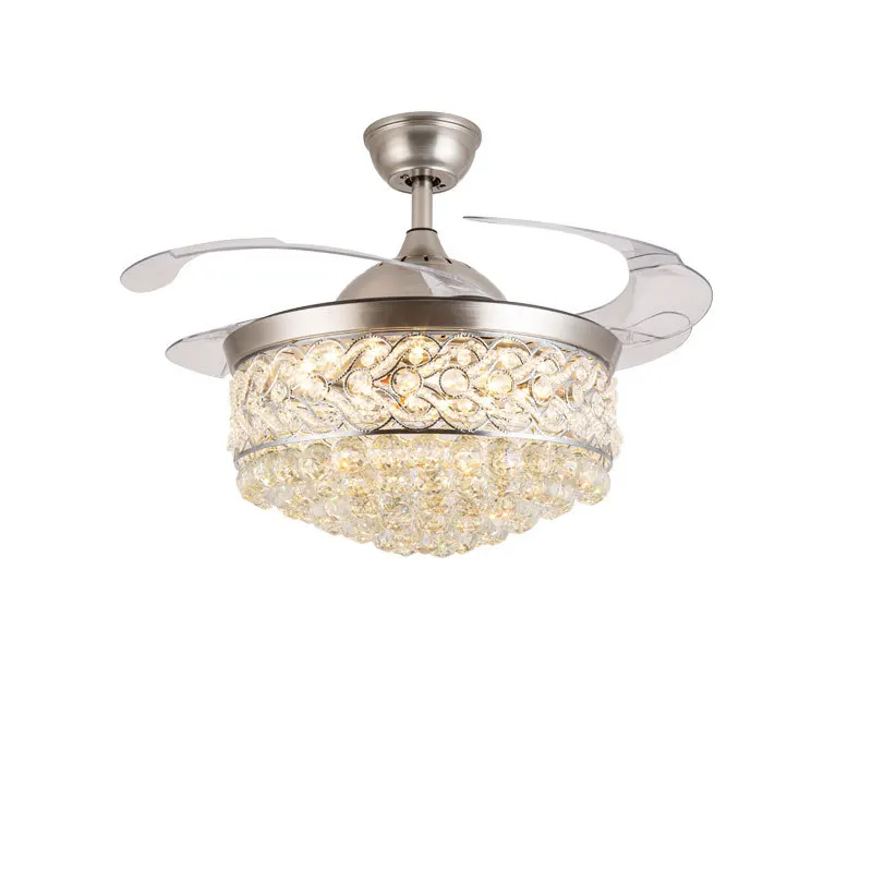 European Style Luxury Invisible Crystal Lamp Hidden Retractable Blades LED Ceiling Fan Light