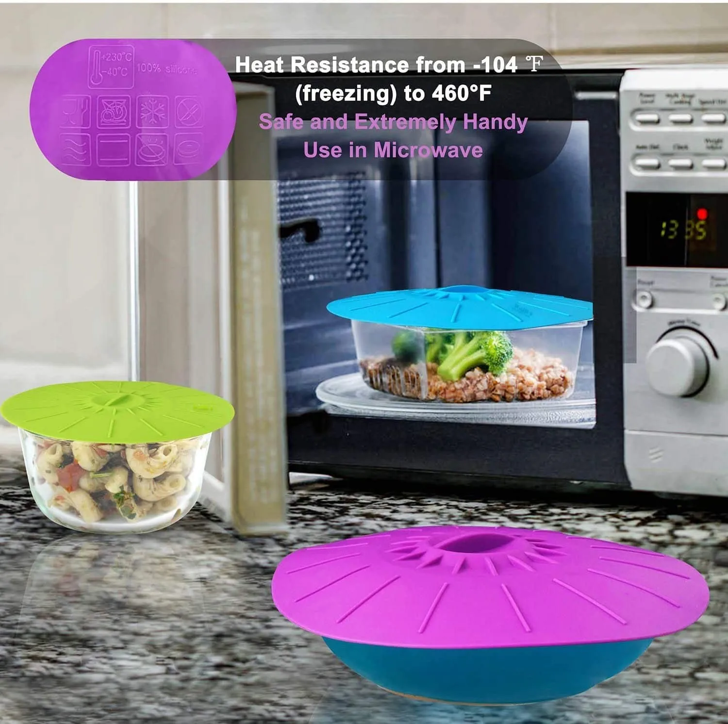 Elegant Live Set of 5 Heat Resistant Microwave Cover - Various Sizes Silicone lids for Bowls Plate Pots