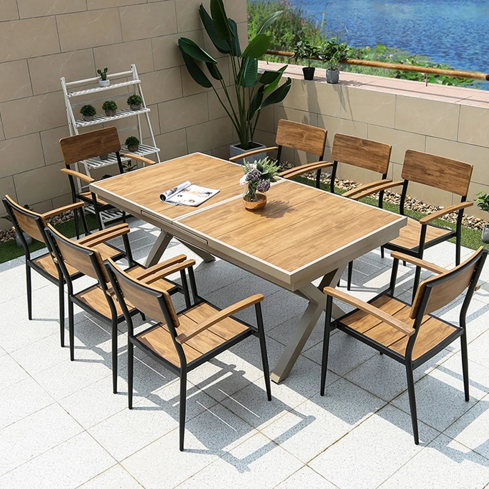 Hot selling outdoor patio furniture aluminum extendable dining table and chairs set wood coffee table set garden furniture