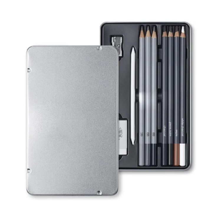 2024 best sale OEM professional sale tin box 12pcs sketch  art suppliers charcoal sketch kit set pen  pencil set