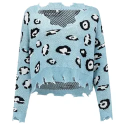 Fashion women v-neck long sleeve leopard print short cut out knitted sweater jersey mujer sueter