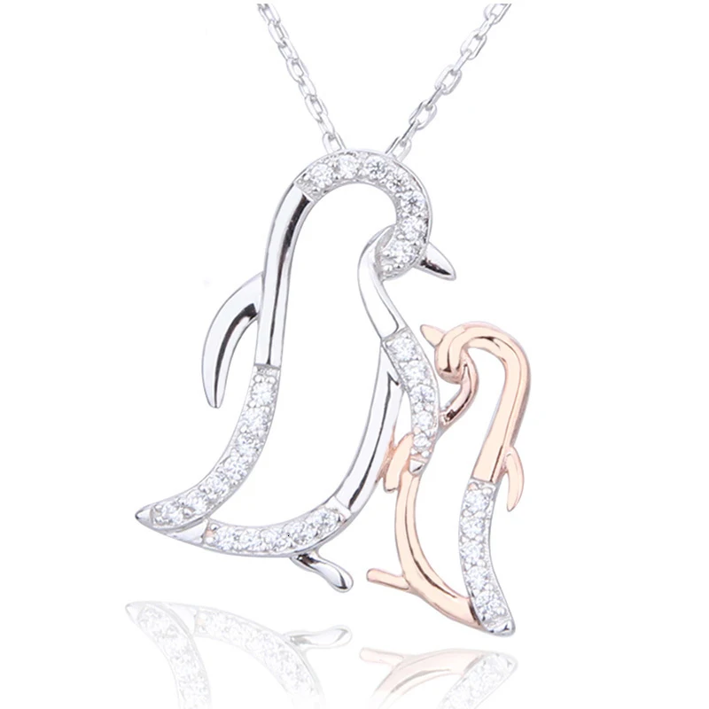 Wholesale 925 sterling silver rose gold plated penguin family zircon pendant sparkling necklace jewelry